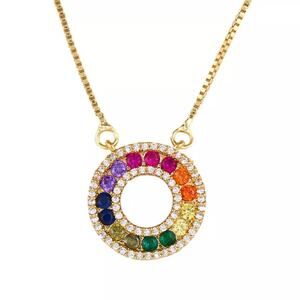 Gold Rainbow Circle Pendant Necklace With Crystal Accents